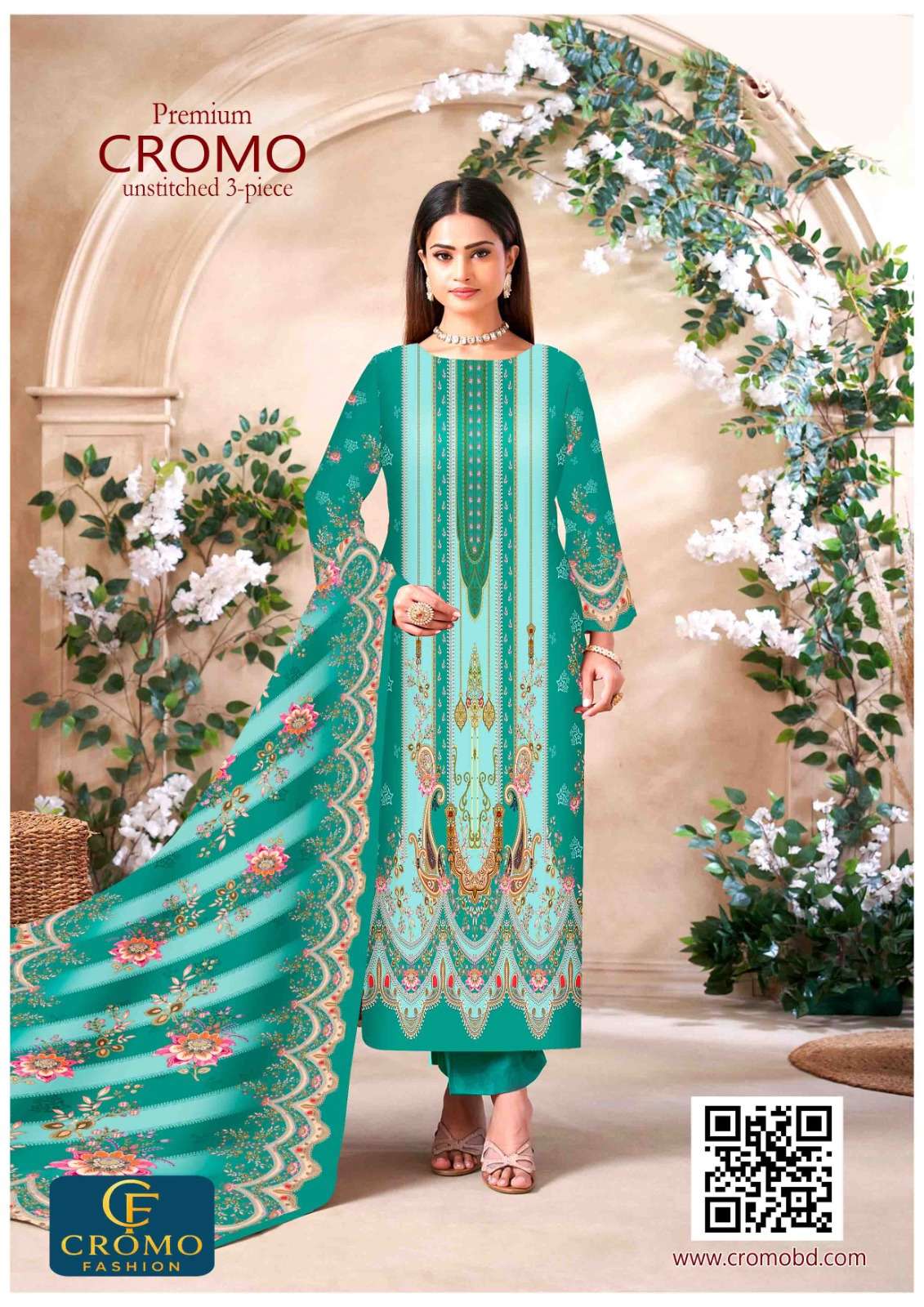 Relaxed Fit Embroidered Three-Piece Lawn with Silk Dupatta